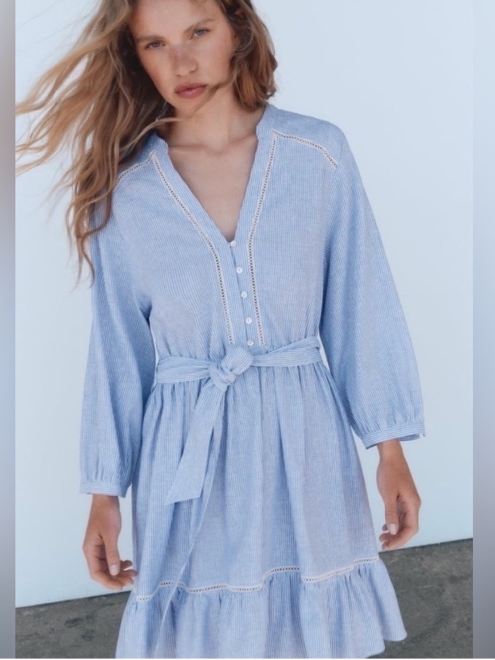 Zara Women's Size Large Mini Shirt Dress Blue White Stripes Crochet Belted Linen